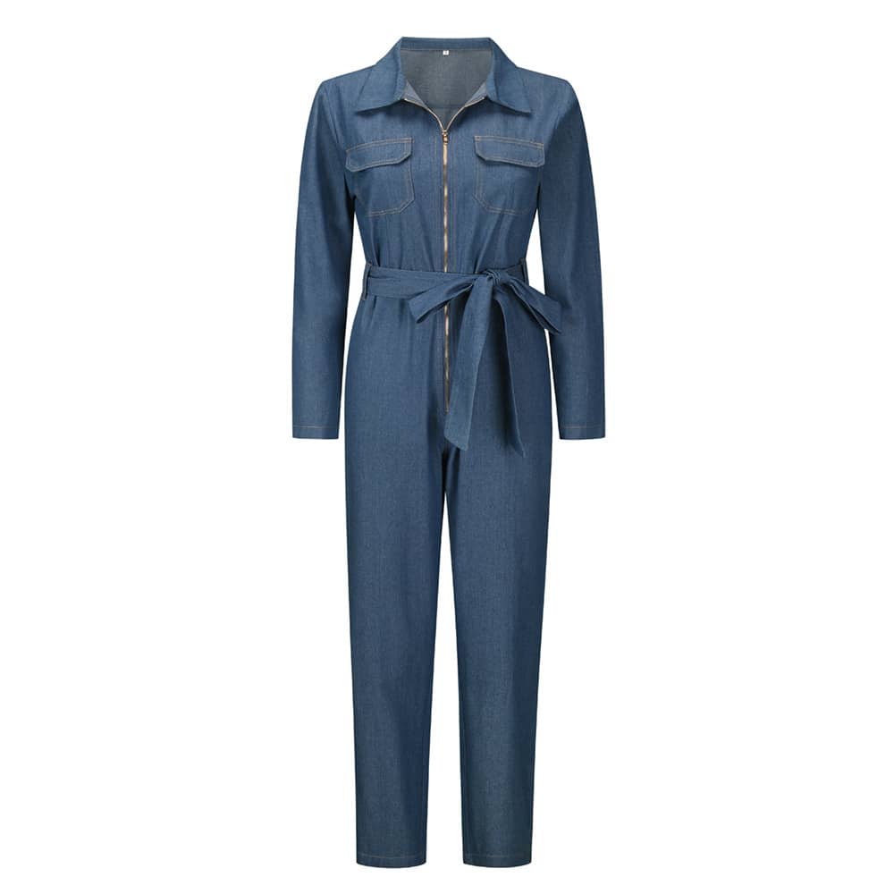 Long Denim Jumpsuit Sexy Long-sleeve Rompers with Pockets